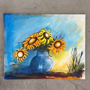 Vintage Still Life Oil Painting Sunflowers Impressionist Original Signed 16x20